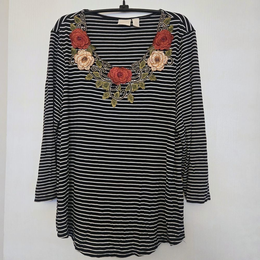 Chico's Black and White‎ Striped Top with Floral Detail Size 2/L